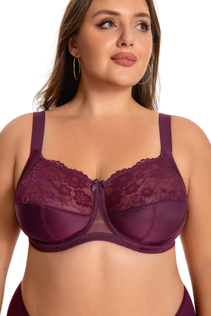 MissCurvaty Full Coverage Bra Comfort & Support. Three-Section Cup, Side Frame, Underwire Banded Stretch Lace Dd+ Bras