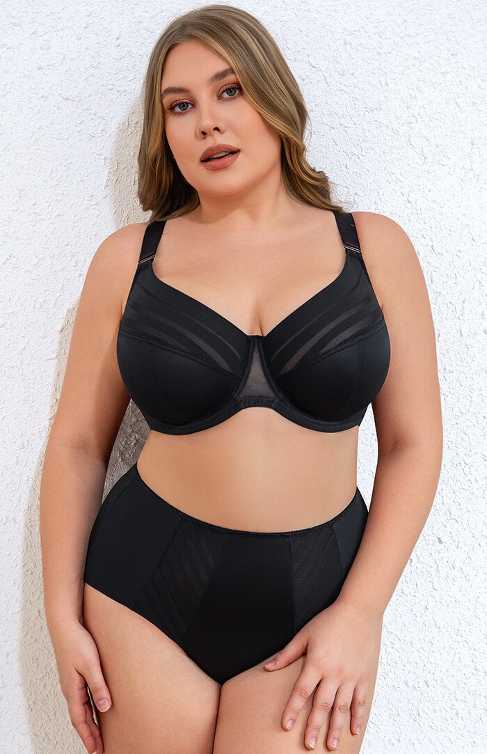 CCC_1151-冲图 MissCurvy Women's Minimizer Bra Striped Full Cup Plus Size Underwire Push-Up Bra Black - Image 1