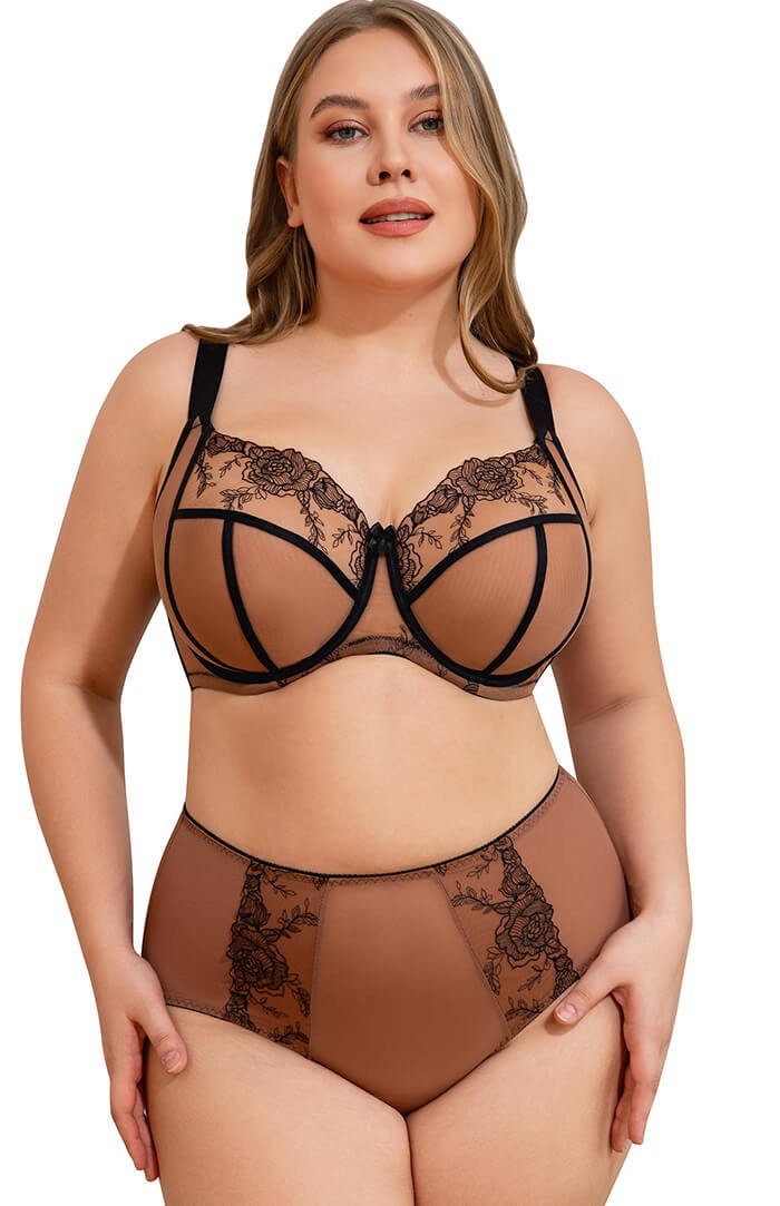 CCC_1572-冲图- Misscurvaty Plus Size Bra Rose Floral Lace Embroidery Underwire Full‑Coverage Sheer Mesh Elegant Bra for Large Bust Curvy Women - Image 1